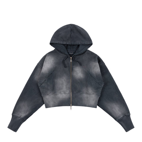 Dime Cropped Zip Hooded Sweater - Black Washed